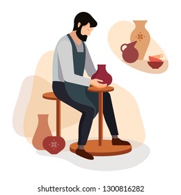 Craftsman potter sculpts a vase of clay on the machine. Vector illustration of a pottery master at work.