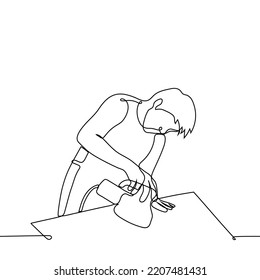 craftsman sanding a product with a sanding machine - one line drawing vector. concept man creates a product by hand