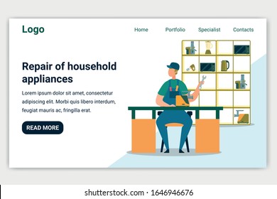 Craftsman Sitting at Workplace in Maintenance Service Center Repair Household Appliances. Worker in Uniform Sitting at Desk Fixing Meat Grinder. Cartoon Flat Vector Illustration. Horizontal Banner