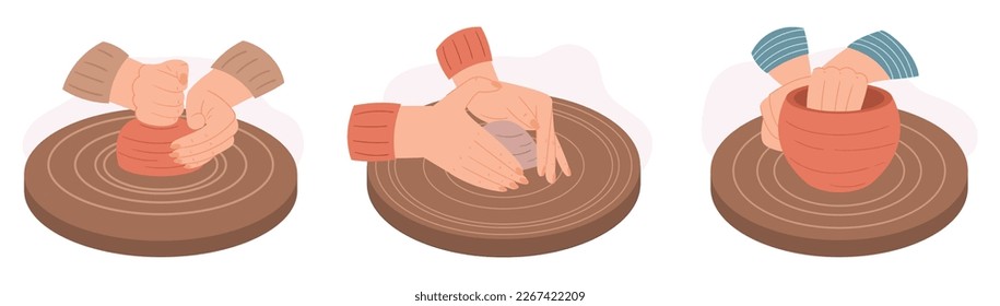 Craftsman Working On Pottery Wheel To Create Handcrafted Pot. Close-up View Of Potter Molding Clay Creating Jug or Crockery of Clay in Studio Isolated On White Background. Cartoon Vector Illustration