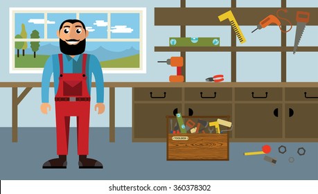 Craftsman workplace. Isolated vector illustration of carpenter in flat style