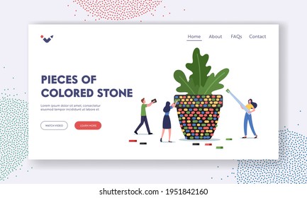 Craftsmanship, Art Landing Page Template. Creative Hobby Concept. Tiny Male and Female Characters Decorate Flowerpot with Colored Stone Pieces, Set Up Huge Mosaic. Cartoon People Vector Illustration