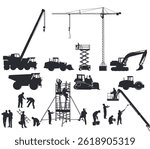 Craftsmen and technicians with construction machinery, illustration