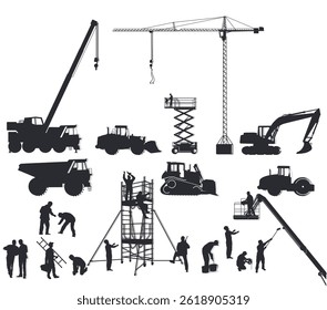 Artesãos e técnicos com máquinas de construção, ilustração