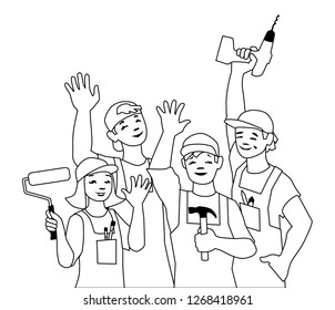 craftspeople with tools, working team. Apprentices, Trainees. Vector illustration, clip art, cartoon.