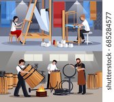 Craftspeople at work 2 flat banners composition with coopers barrelmakers ans wavers at looms isolated vector illustration 