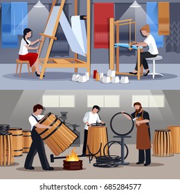 Craftspeople at work 2 flat banners composition with coopers barrelmakers ans wavers at looms isolated vector illustration 