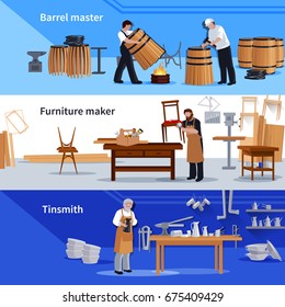 Craftspeople at work 3 flat banners collection with tinsmith cooper barrels an furniture maker isolated vector illustration   