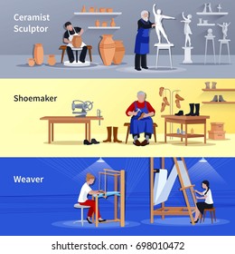 Craftspeople at work 3 flat banners set with sculptor ceramist shoemaker and weaver isolated vector illustration 