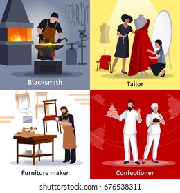 Craftspeople at work 4 flat icons square composition poster with tailor blacksmith furniture maker isolated vector illustration 