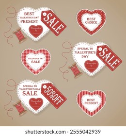 Craft-Style Valentine’s Day Banner Set with Lace Heart Designs, Sale Tags, Stitched Details for Advertising Handmade Gifts and Storefront Displays