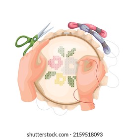 Craftswoman embroidering flowers on fabric semi flat vector character isolated. Creative needlework hobby cartoon style illustration