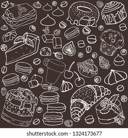 Craftsy pattern with cakes on korichnevoy background white outline. The seamless pattern is drawn by hand. In the picture: marshmallows, macaroons, cakes, berries, and sweets.