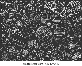 Craftsy pattern with cakes on korichnevoy background white outline. The seamless pattern is drawn by hand. In the picture: marshmallows, macaroons, cakes, berries, and sweets.