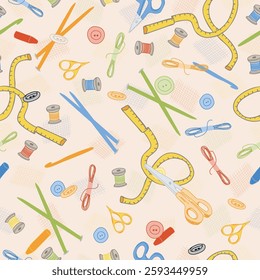 Crafty Corner Colorful Craft Tools on Ecru background creating a seamless pattern print background