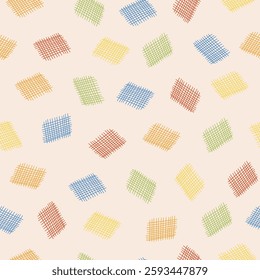 Crafty Corner Colorful Woven Fabric Swatches on Ecru background creating a seamless pattern print background