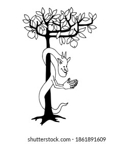 crafty the serpent tempter with tree of knowledge, biblical character, vector illustration with black ink contour lines isolated on a white background in a hand drawn style