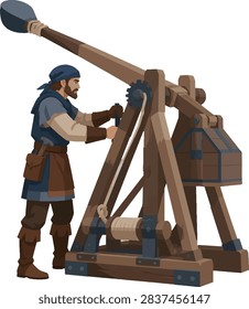 crafty siege engineer adjusting trebuchet side profile facing right full body vector illustration