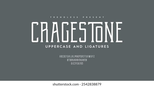 Crage Stone: A sleek and modern typeface featuring an abstract, minimalist alphabet. Ideal for bold, creative designs. Fully vectorized for versatile use.