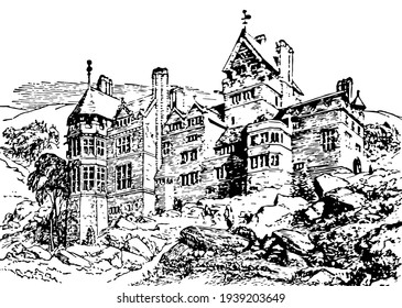 Cragside is build in the earlier part of period, building included an astronomical observatory which build a modest house, vintage line drawing or engraving illustration.