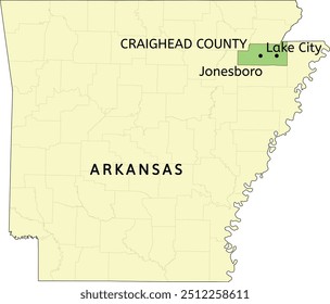 Craighead County and cities of Jonesboro and Lake City location on Arkansas state map