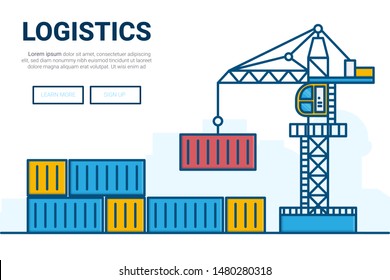 Crain and container on warehouse.  freight transport and logistics concept. Thin Line art vector illustration.