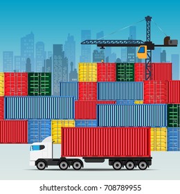 Crain and container on warehouse.  freight transport and logistics concept. Thin Line art vector illustration.