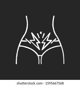 Cramp Chalk Icon. Menstrual Abdominal Pain. Predmenstrual Syndrome. Period Symptom. Female Stomach Pain. Diarrhea, Constipation. Discomfort And Spasm. Isolated Vector Chalkboard Illustration