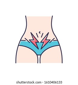 Cramp Color Icon. Menstrual Abdominal Pain. Predmenstrual Syndrome. Period Symptom. Female Stomach Pain. Diarrhea, Constipation. Discomfort And Menstruation Spasm. Isolated Vector Illustration