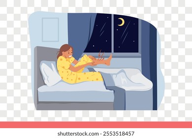 Cramp in leg woke up girl sitting in bed near window with starry sky, and holding onto sore spot. Problems of night cramp causing insomnia and lack of healthy sleep, arose due to muscle spasm