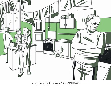 Cramped Communal Kitchen With Residents In Green Colors. Line And Spot Vector Illustration