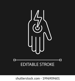 Cramps in arms and legs white linear icon for dark theme. Acute joint pain in arm. Thin line customizable illustration. Isolated vector contour symbol for night mode. Editable stroke