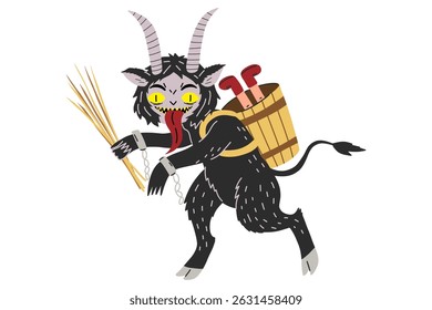 Crampus scary christmas demon for naughty kids. Cartoon krampus character. Print for t-shirt, sticker. Stock vector illustration isolated on white background.