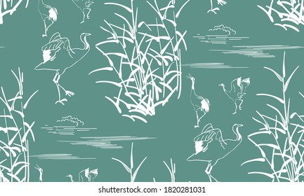 cran bird japanese chinese design sketch ink paint style seamless