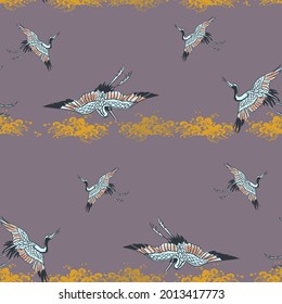 cran bird view vector sketch illustration japanese chinese oriental line art ink seamless