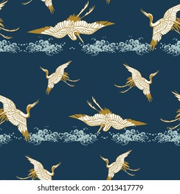 cran bird view vector sketch illustration japanese chinese oriental line art ink seamless