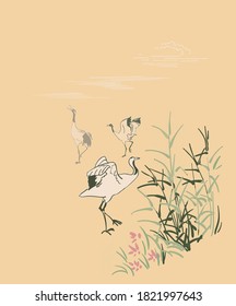 cran birds nature landscape view vector sketch illustration japanese chinese oriental line art ink card