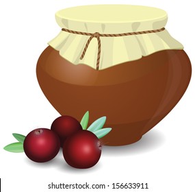 Cranberries,  pot of jam, isolated on white, vector