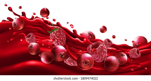 Cranberries and raspberries on a fruit juice wave.