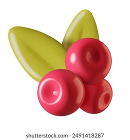 Icono de Vector Cranberry 3d. Rama tridimensional de bayas rojas de dibujos animados con hojas aisladas sobre fondo blanco.