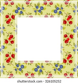 Cranberry and blueberry on a light background. Fruit border.