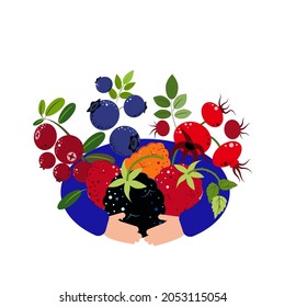 Cranberry, Blueberry, Rosehip, Blackberry, Raspberry, Yellow Raspberry, Berry harvest. Full hands of berries. Berries for jam and dessert. Flat style Vector Illustration.