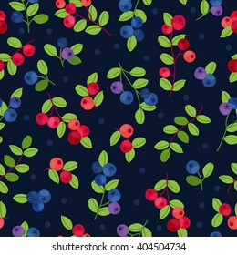 cranberry and blueberry seamless pattern on dark background. Perfect for wallpaper, wrapping paper, textile and package design
