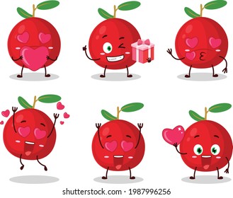 Cranberry cartoon character with love cute emoticon. Vector illustration