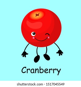 cranberry character, mooseberry funny berry with face, eyes and smile. Healthy food. Vitamins and minerals autumn