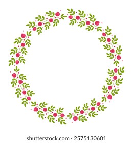 Cranberry circle frame isolated on a white background. Red berries and green leaves. Flat style. The center of the image is free for your inscription. Template for decor, design element.