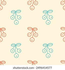 Cranberry Colorful Doodle Seamless Pattern. Cute Food and Drink Background wuth verry and leaf. Repeat vector illustration with natural element. 