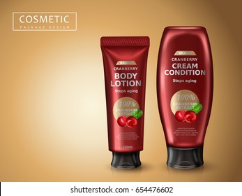 cranberry cosmetic products package design, 3d illustration