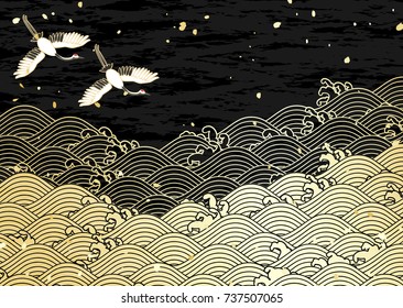 Cranberry crane on golden wave with a paper like texture
