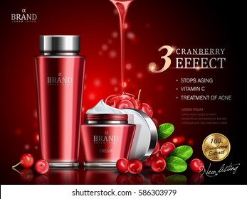 cranberry cream contained in a bottle and a jar, with cranberry elements, 3d illustration
